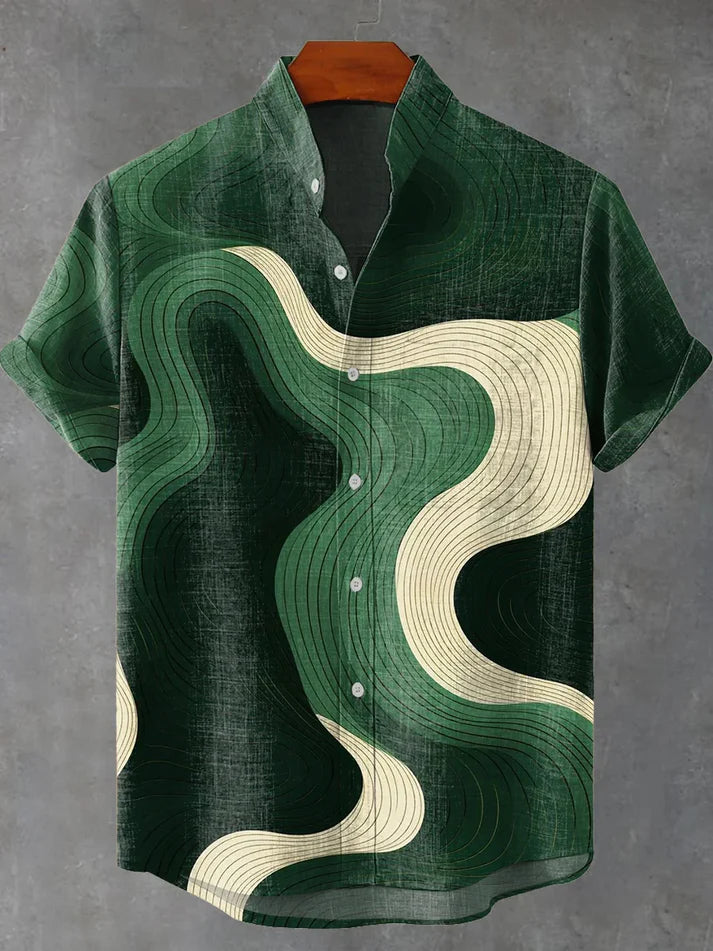 Abstract Green Geometric Stripes Vintage Print Casual 100% Cotton Shirt