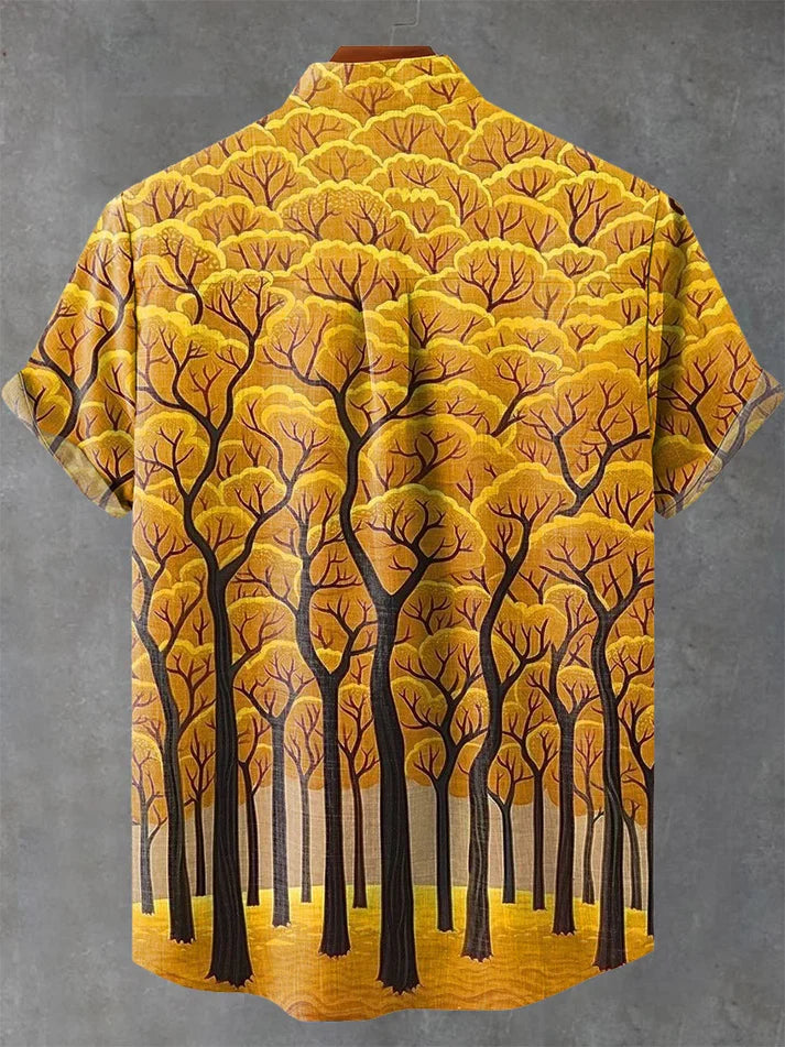 Vintage Abstract Tree Art Print Casual 100% Cotton Shirt