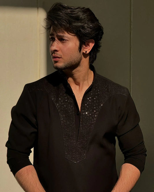Black Neck Embroidered Kurta & Pajama Set for Men
