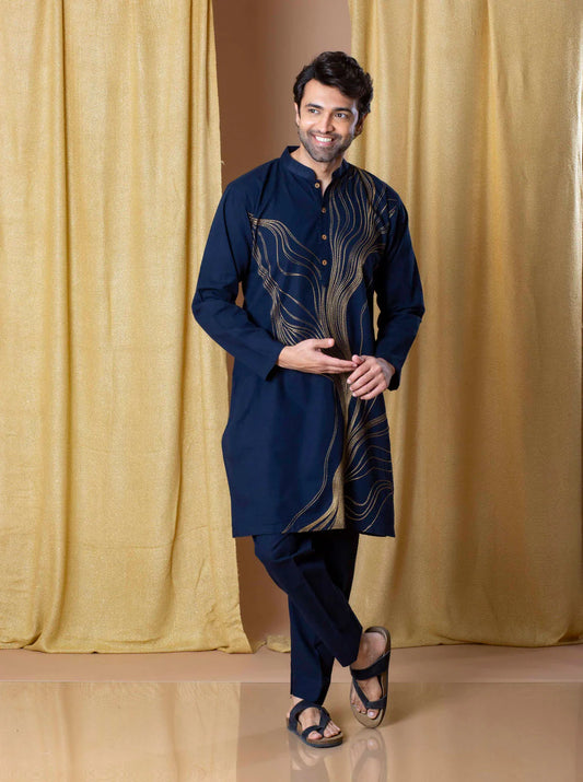Navy Blue Designer Embroidery Work Kurta & Pajama Set for Men