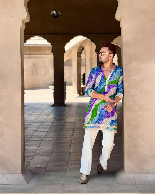 Multi-Coloured Badhani Embroidered Printed Kurta & Pajama Set