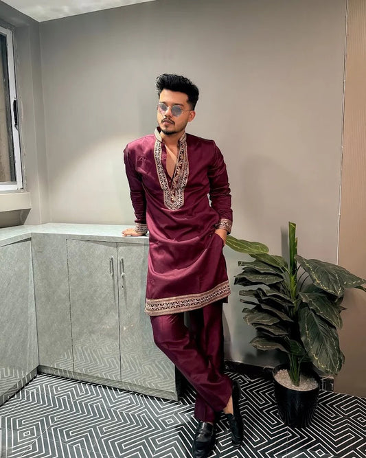 Maroon Riyaz Neck Embroidered Men’s Kurta & Pajama Set