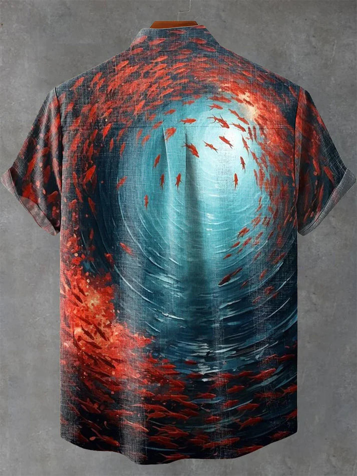 Abstract Fishes Oil Ocean Landscape Art Print Casual 100% Cotton Shirt