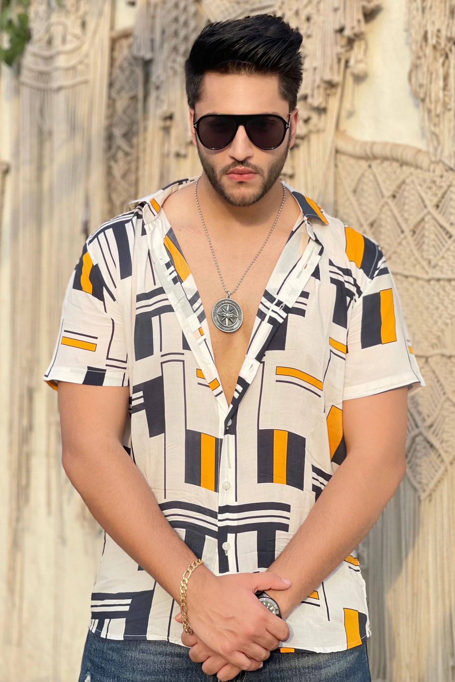 White Street Print Half Sleeves Rayon Shirt