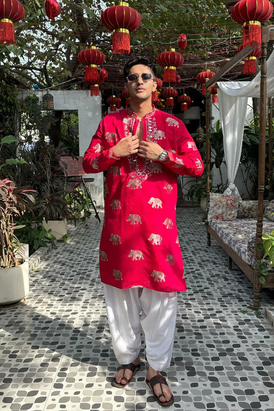 Pink-Red Elephant Neck Embroidered Kurta & Pajama Set for Men