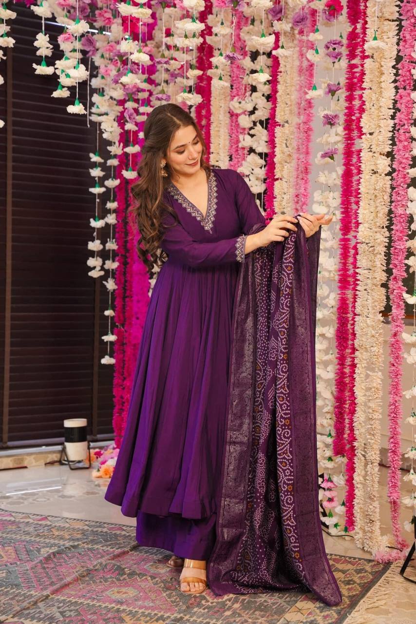 Purple Naina Chinnon Silk Bandhani Set