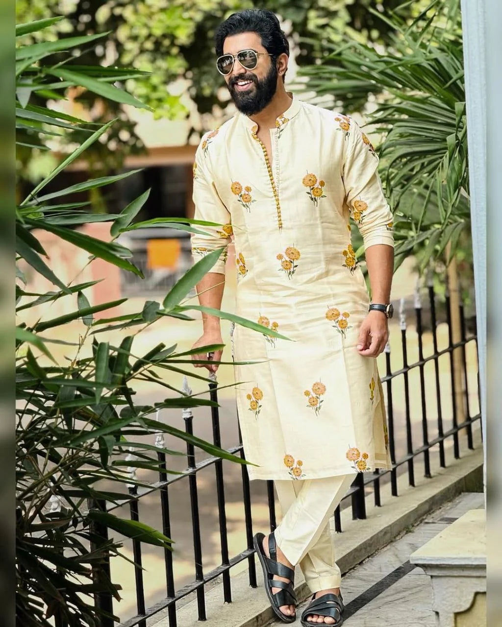 Yellow Chanderi Printed Kurta Pajama Set for Men