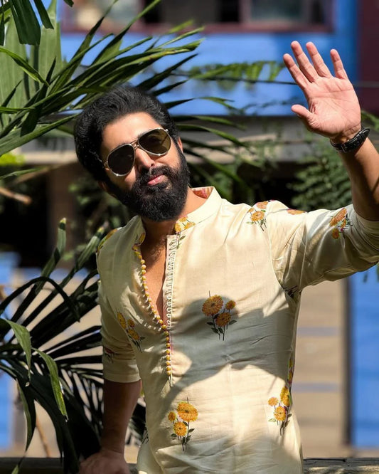 Yellow Chanderi Printed Kurta Pajama Set for Men