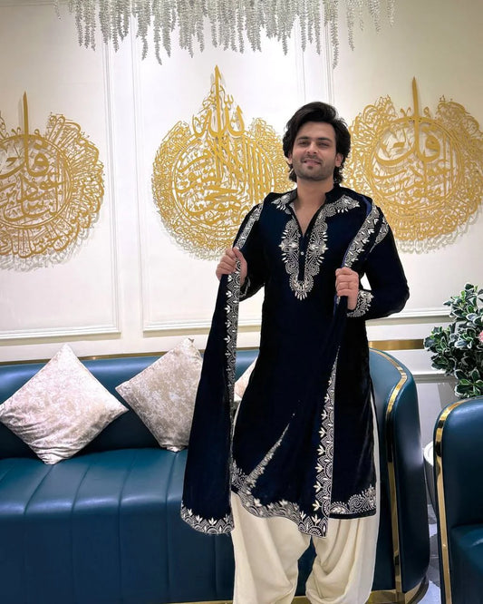 Regal Black Silk Kurta Set with Dupatta for Men