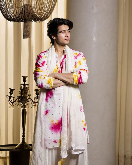 Multi-Coloured Mirror Work Printed Kurta, Pajama & Dupatta Set