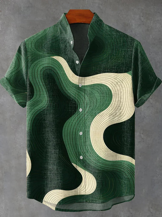Abstract Green Geometric Stripes Vintage Print Casual 100% Cotton Shirt