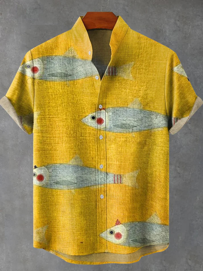 Yellow Fish Art Print Casual 100% Cotton Shirt