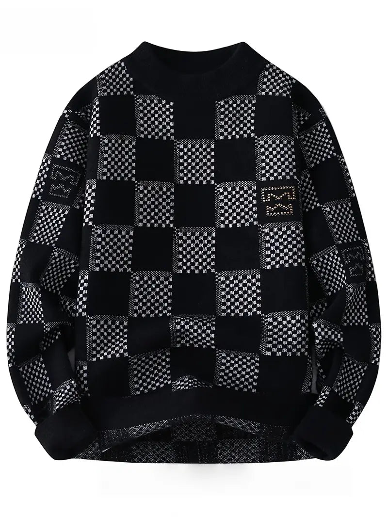 Commisely Monochrome Checkered Knit Sweater – Unisex Streetwear Vibe