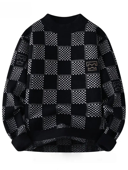 Commisely Monochrome Checkered Knit Sweater – Unisex Streetwear Vibe