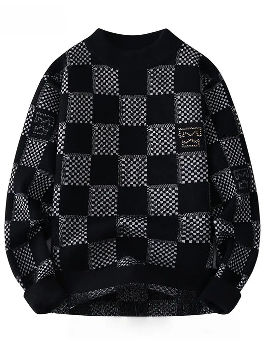 Commisely Monochrome Checkered Knit Sweater – Unisex Streetwear Vibe