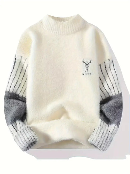 Commisely Deer Embroidered Knitted Sweater – Cream & Gray