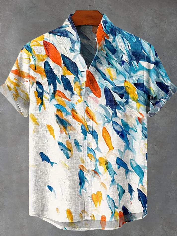 Blue Orange Abstract Fish Shoal Print Casual 100% Cotton Shirt