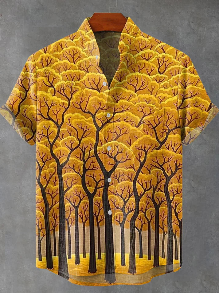 Vintage Abstract Tree Art Print Casual 100% Cotton Shirt