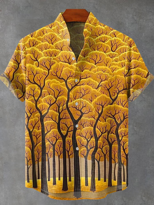 Vintage Abstract Tree Art Print Casual 100% Cotton Shirt