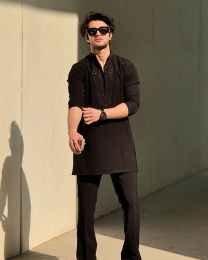 Black Neck Embroidered Kurta & Pajama Set for Men