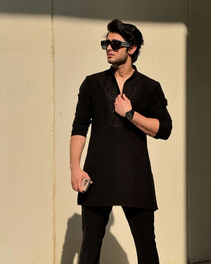 Black Neck Embroidered Kurta & Pajama Set for Men