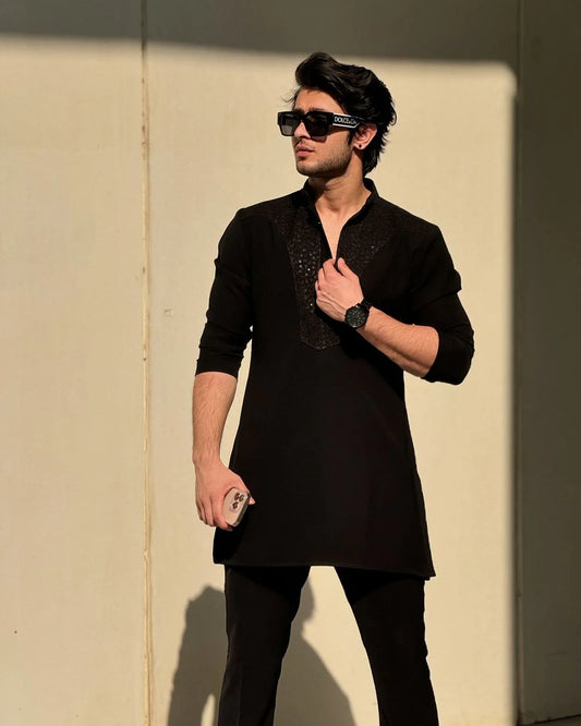 Black Neck Embroidered Kurta & Pajama Set for Men