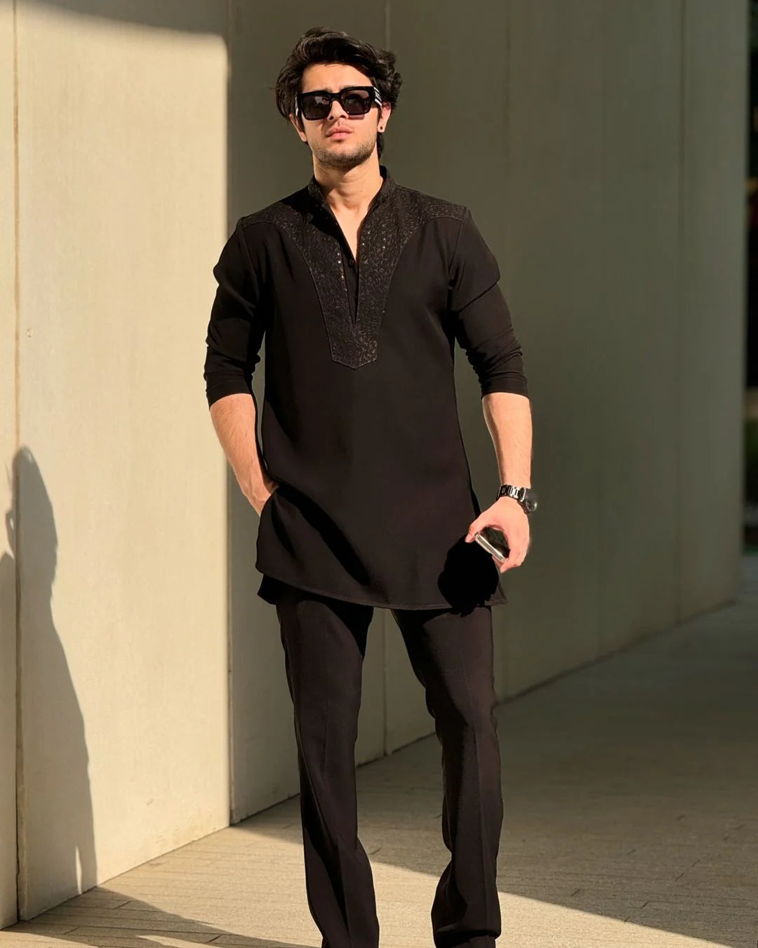 Black Neck Embroidered Kurta & Pajama Set for Men