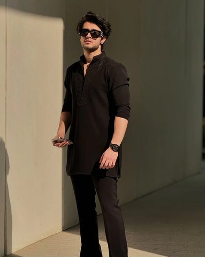 Black Neck Embroidered Kurta & Pajama Set for Men