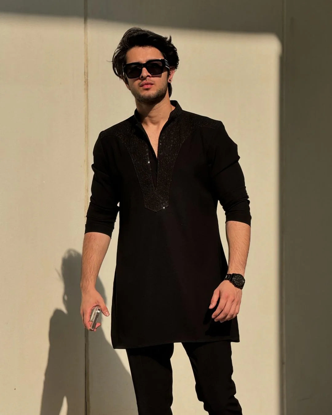 Black Neck Embroidered Kurta & Pajama Set for Men