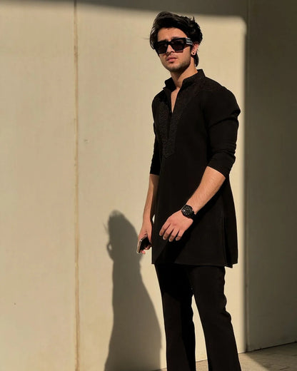 Black Neck Embroidered Kurta & Pajama Set for Men