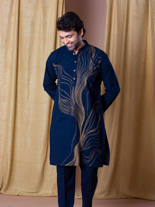 Navy Blue Designer Embroidery Work Kurta & Pajama Set for Men