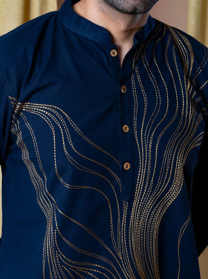 Navy Blue Designer Embroidery Work Kurta & Pajama Set for Men
