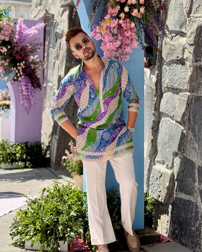 Multi-Coloured Badhani Embroidered Printed Kurta & Pajama Set