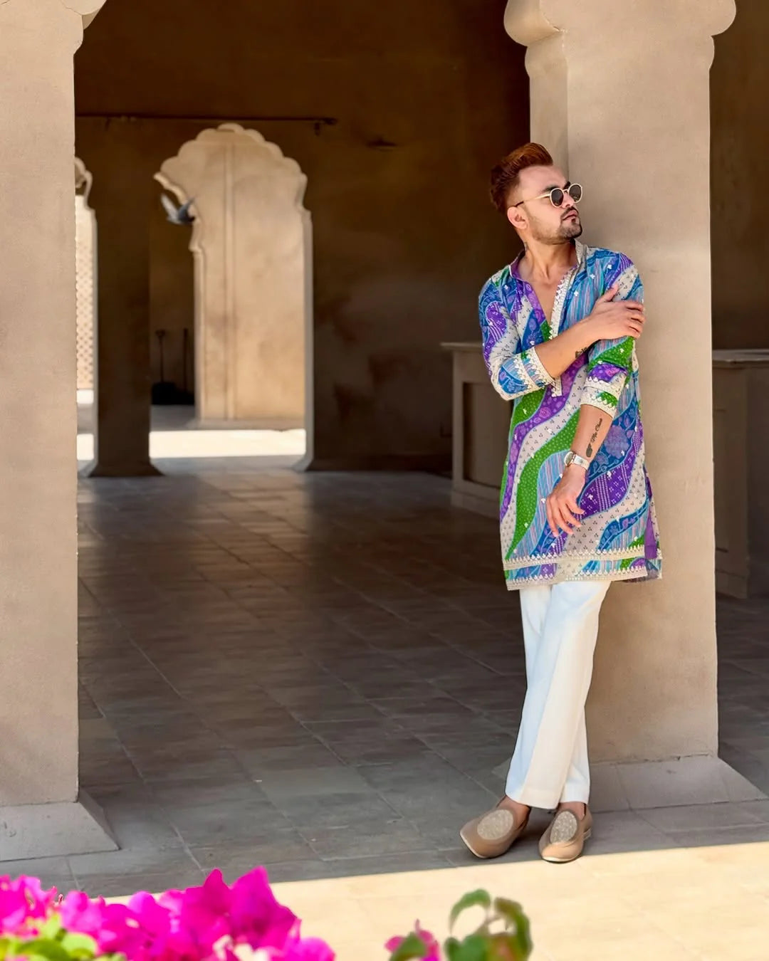 Multi-Coloured Badhani Embroidered Printed Kurta & Pajama Set