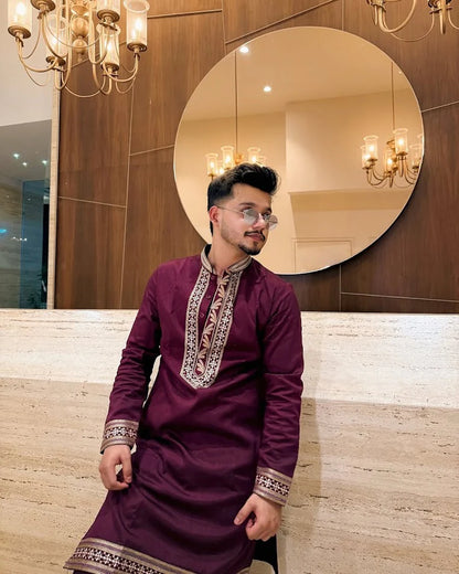 Maroon Riyaz Neck Embroidered Men’s Kurta & Pajama Set