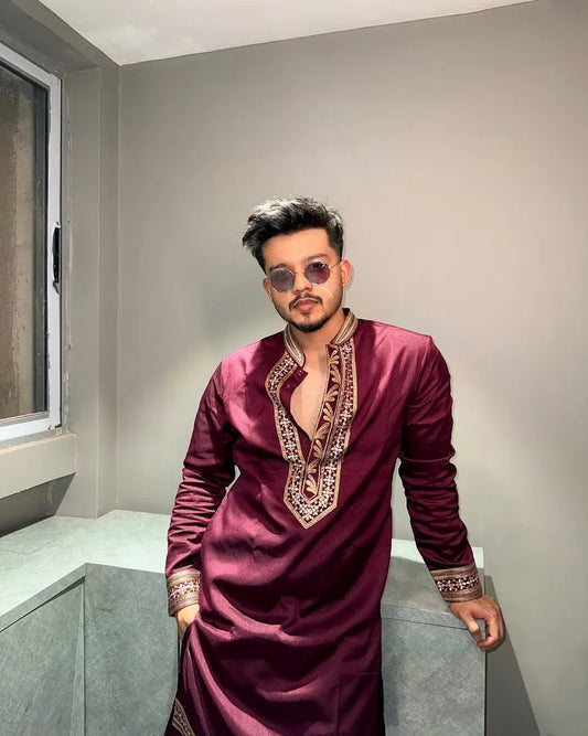 Maroon Riyaz Neck Embroidered Men’s Kurta & Pajama Set