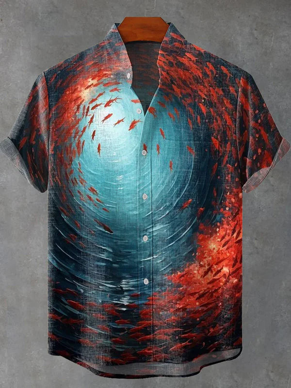 Abstract Fishes Oil Ocean Landscape Art Print Casual 100% Cotton Shirt
