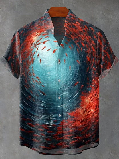 Abstract Fishes Oil Ocean Landscape Art Print Casual 100% Cotton Shirt