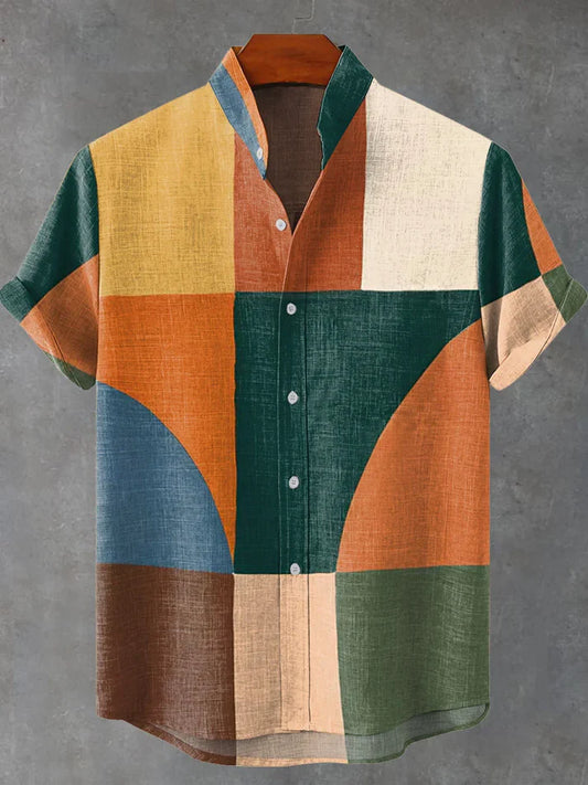 Vintage Geometric Color Blocks Decorative Patterns Casual 100% Cotton Shirt