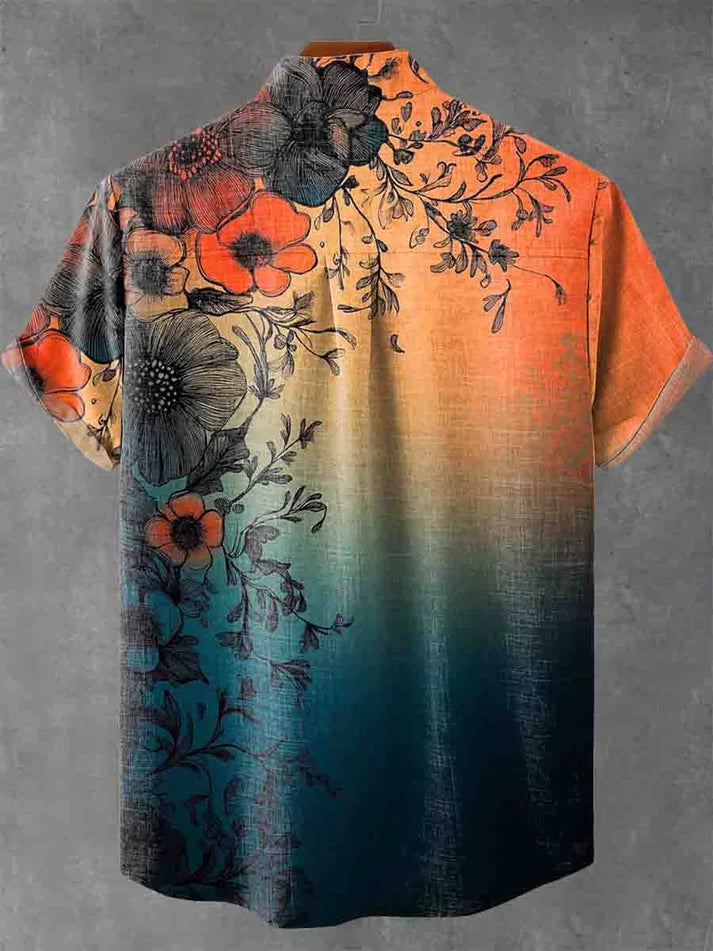 Retro Dawn Gradient Broken Flowers Art Print Casual 100% Cotton Shirt