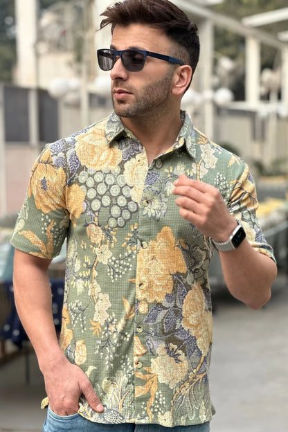 Green Floral Self Design Knit Shirt