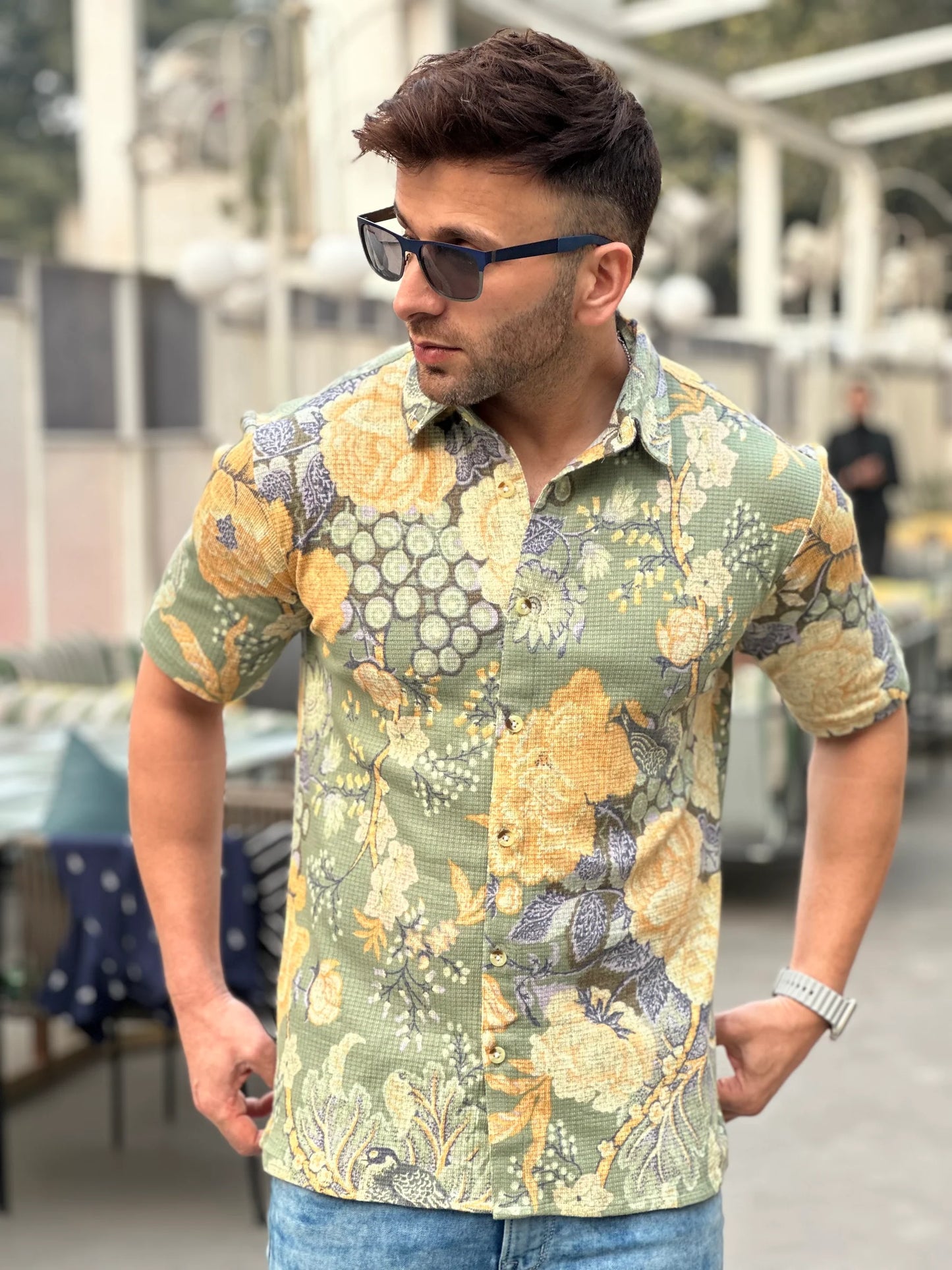 Green Floral Self Design Knit Shirt