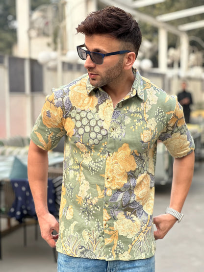 Green Floral Self Design Knit Shirt