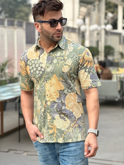 Green Floral Self Design Knit Shirt