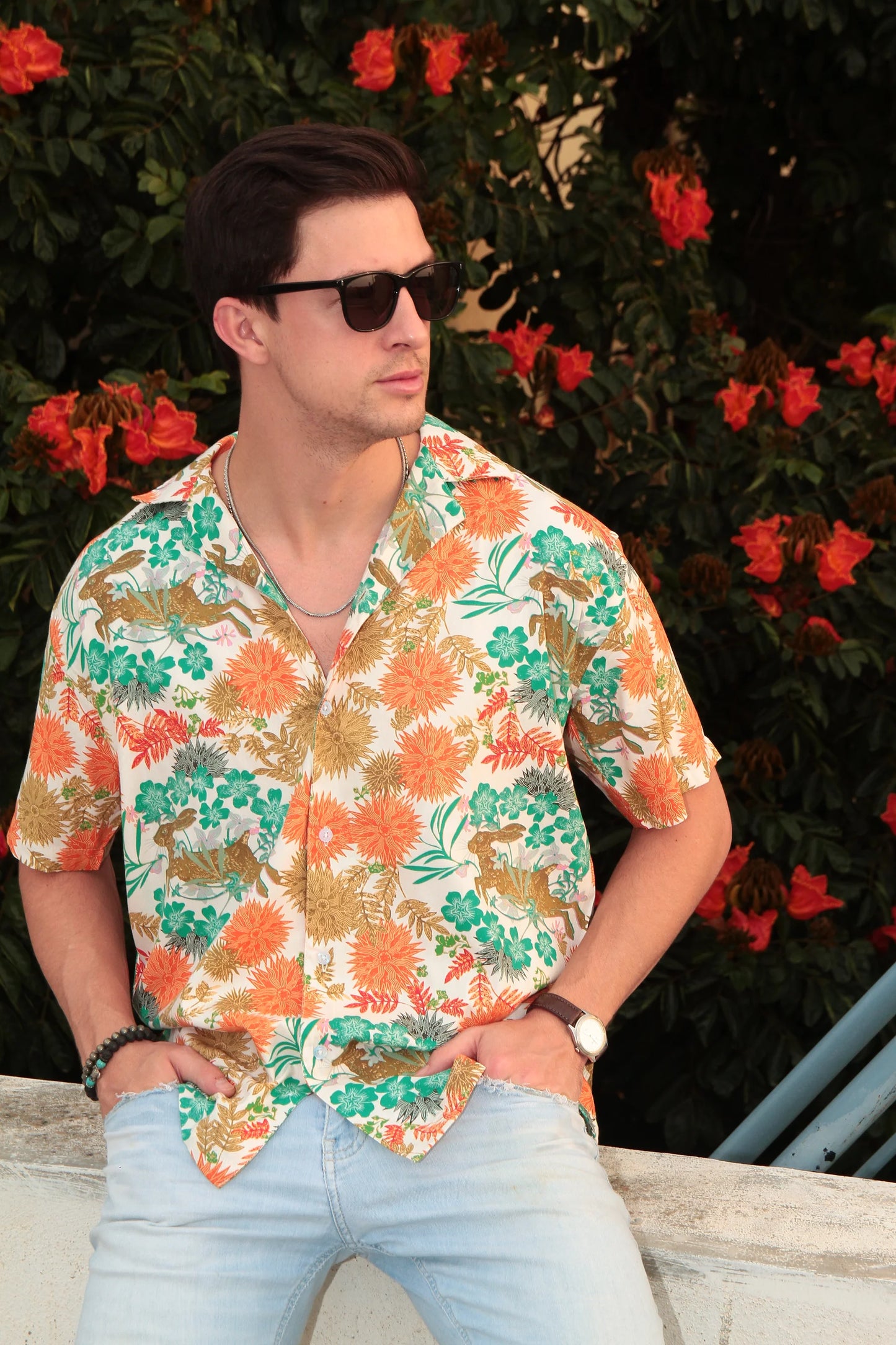 Orange Blue Floral Oversized Printed Shirt