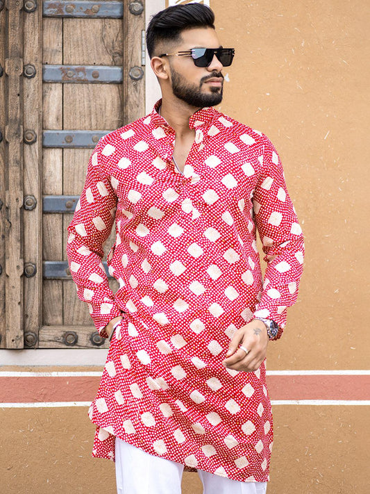 Red Bandhani Printed Cotton Mens Kurta