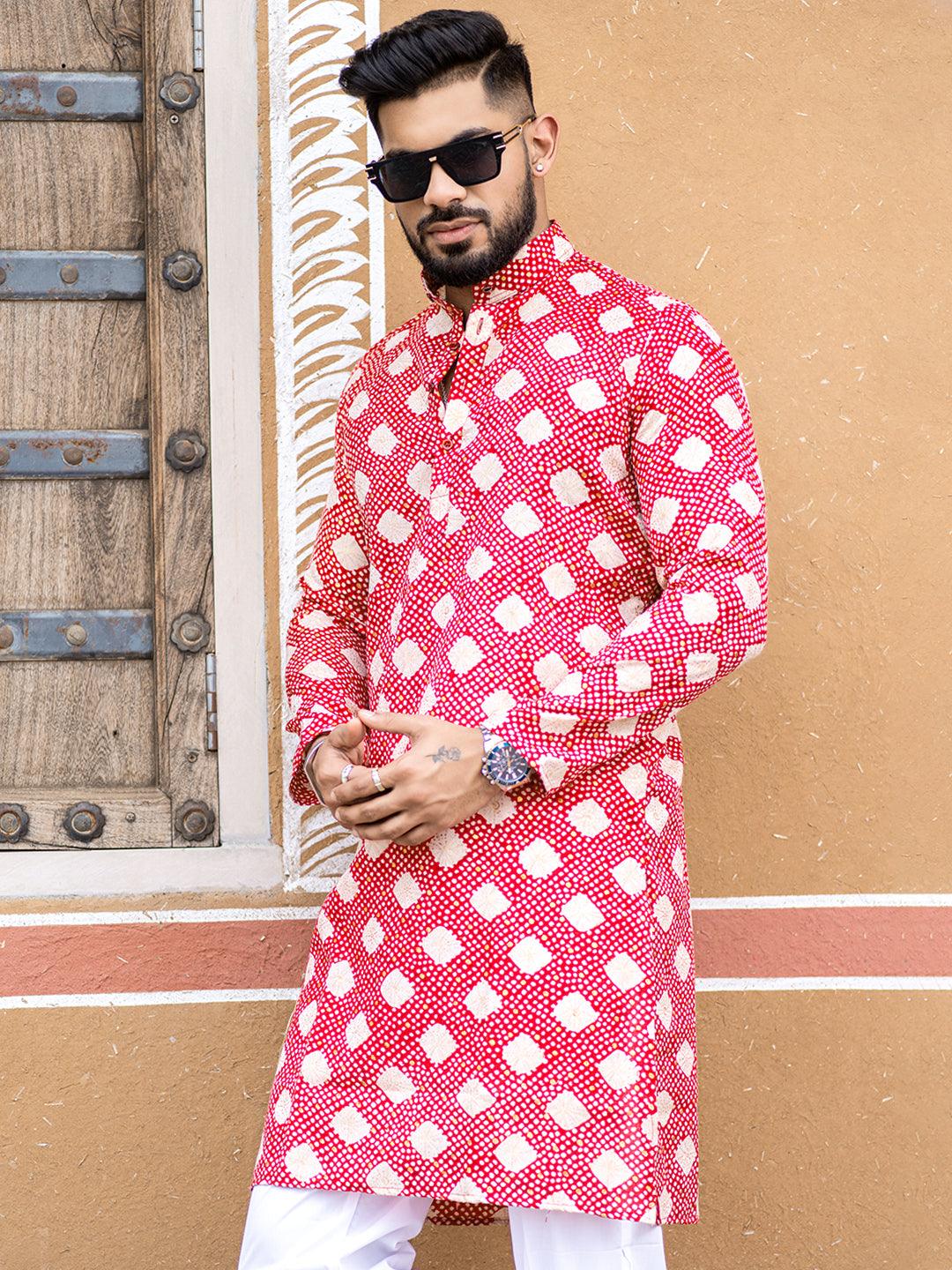 Red Bandhani Printed Cotton Mens Kurta