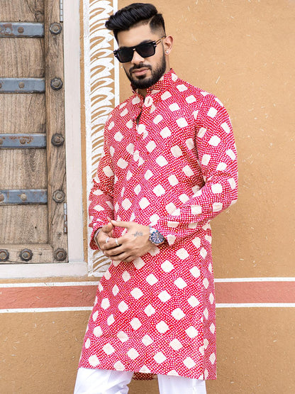Red Bandhani Printed Cotton Mens Kurta