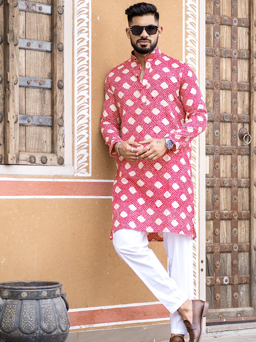 Red Bandhani Printed Cotton Mens Kurta