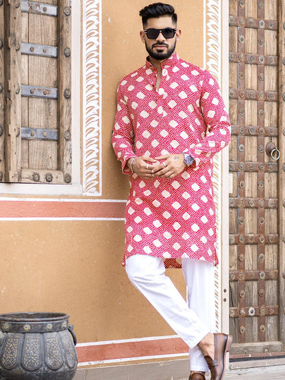 Red Bandhani Printed Cotton Mens Kurta